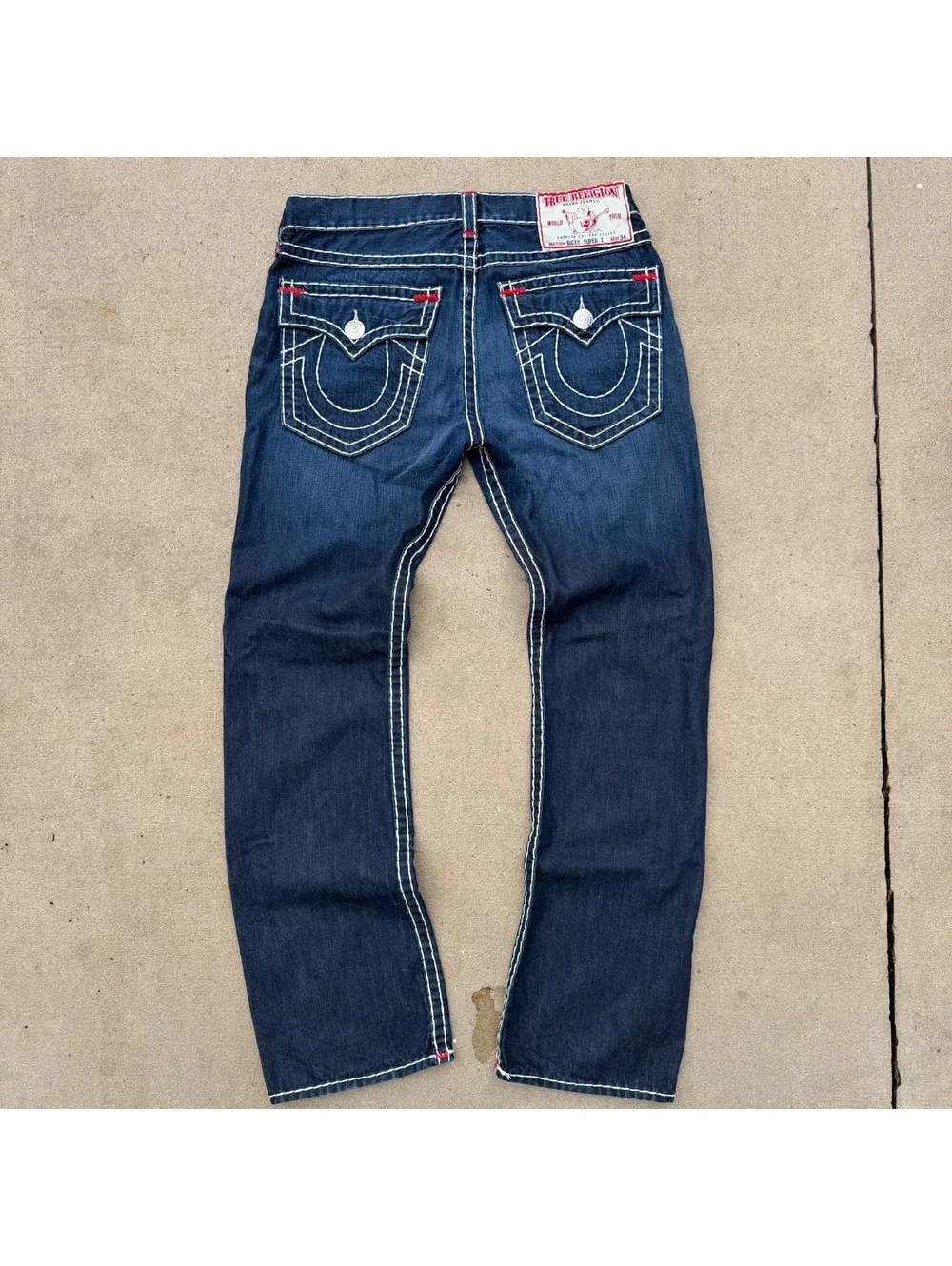 True Religion Jeans Men Size 34 Dark Blue Ricky Super T Thick Stitch